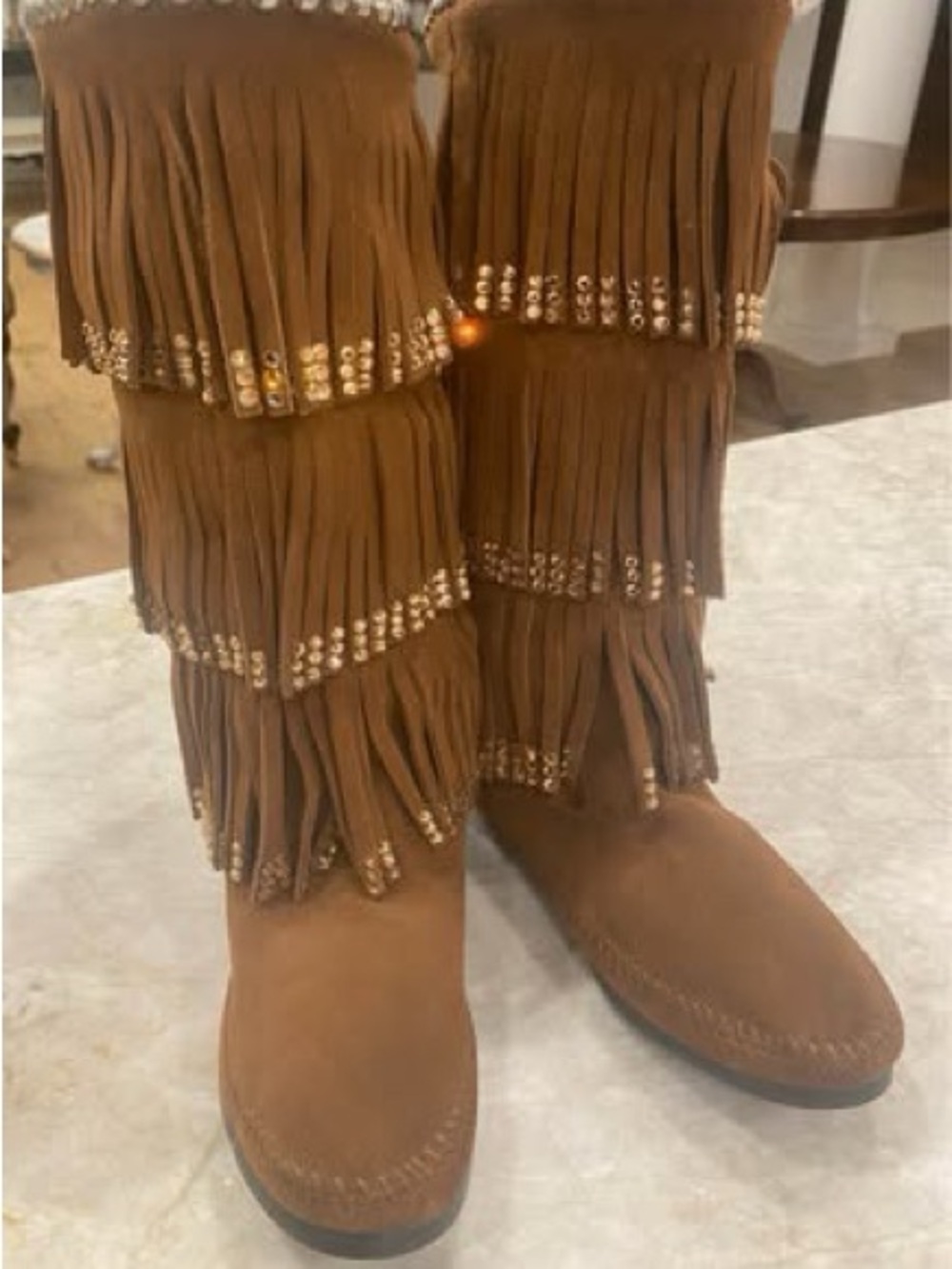 Minnetonka Brown Layered Fringe Stud Moccasins with Crystals